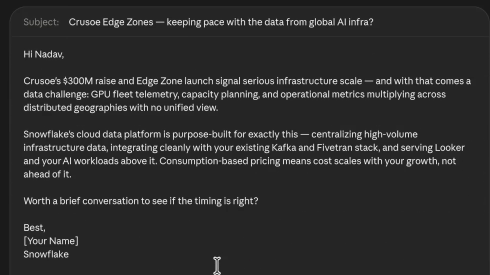 An outreach draft inside Claude connecting Crusoe's infrastructure growth and data challenges to Snowflake.
